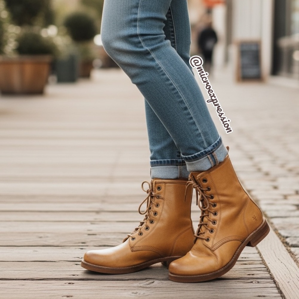 $399 Frye Veronica Combat Tan Brown Leather Lace Up Moto Comfy Everyday Boot - Picture 13 of 13